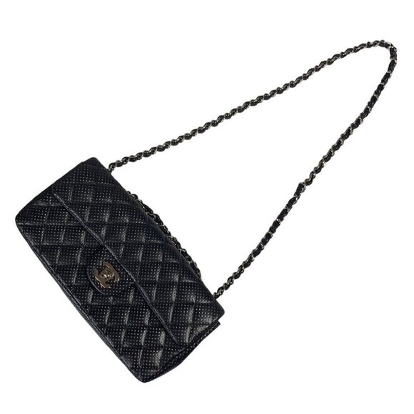 Chanel East West Classic Shoulder Flap Bag Black Quilted Perforated Leather - Picture 9 of 16